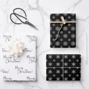 Feuille De Papier Cadeau Snowflakes de Black and White Merry
