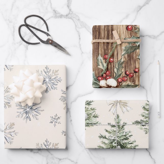 Feuille De Papier Cadeau Snowflakes des arbres de Noël rustiques (Recto)