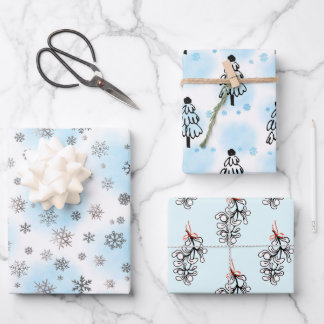 Feuille De Papier Cadeau Snowflakes et mistletoe en argent avec bleu
