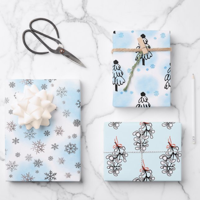 Feuille De Papier Cadeau Snowflakes et mistletoe en argent avec bleu (Recto)