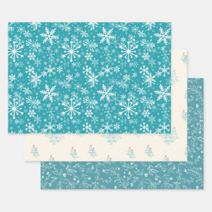Feuille De Papier Cadeau Snowflakes, feuilles, bourgeons, arbres, turquoise