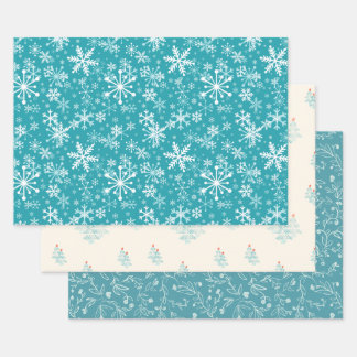 Feuille De Papier Cadeau Snowflakes, feuilles, bourgeons, arbres, turquoise