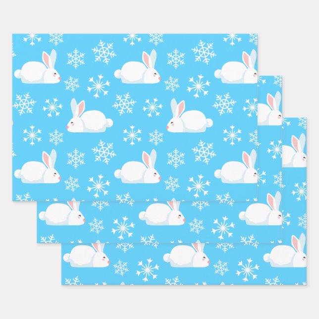 Feuille De Papier Cadeau Snowflakes Motif Cute Bunny Joyeux cadeau de Noël (Lot)