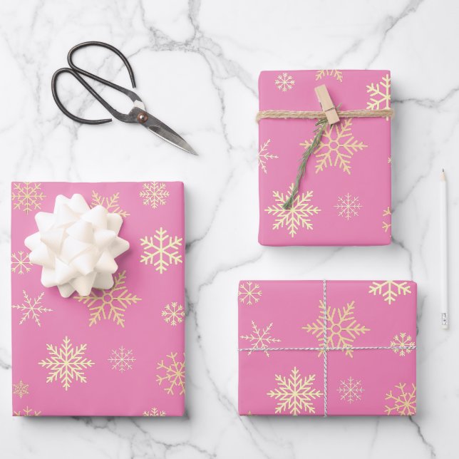 Feuille De Papier Cadeau Snowflakes Motif sans couture Noël rose (Recto)