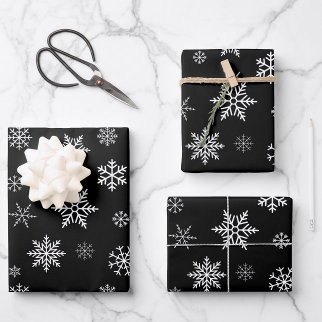 Feuille De Papier Cadeau Snowflakes Motif sans couture Noir Noël (Recto)