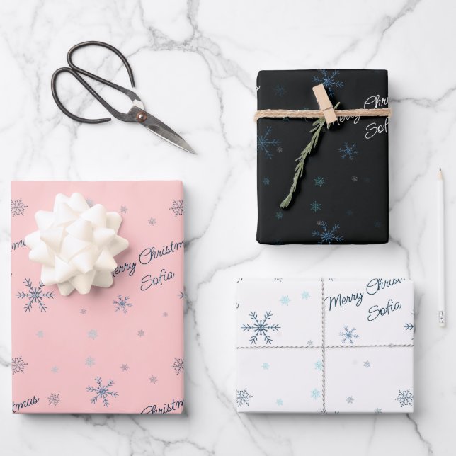 Feuille De Papier Cadeau Snowflakes personnalisés Joyeux Noël Nom (Recto)