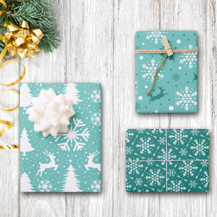 Feuille De Papier Cadeau Snowflakes Reindeer Arbres de Noël Motif Turquoise