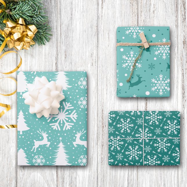 Feuille De Papier Cadeau Snowflakes Reindeer Arbres de Noël Motif Turquoise (Créateur téléchargé)