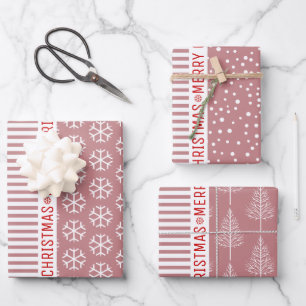 Feuille De Papier Cadeau Snowflakes, sapins de Noël poussiéreux rayures ros