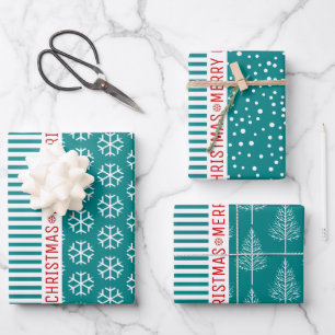 Feuille De Papier Cadeau Snowflakes, sapins de Noël turquoise rayures bleue