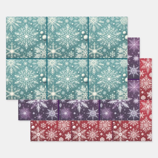 Feuille De Papier Cadeau Snowflakes Turquoise Red Purple Decoupage (Lot)
