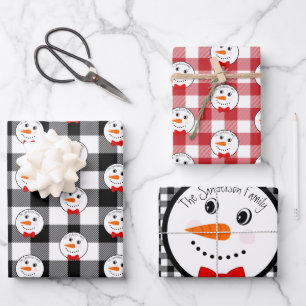 Feuille De Papier Cadeau Snowman avec Red Bowtie Black Buffalo Plaid Trier 