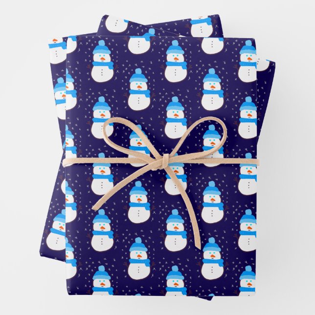 Feuille De Papier Cadeau Snowman bleu dans Flurry (En situation)