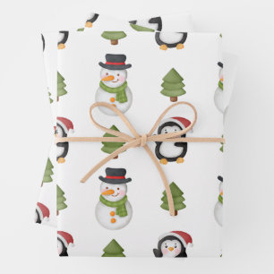 Feuille De Papier Cadeau Snowman et Penguin de Noël