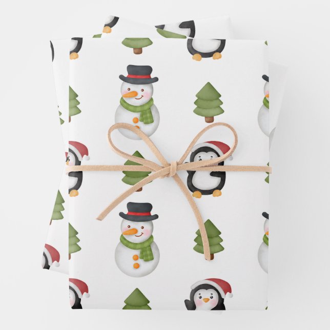 Feuille De Papier Cadeau Snowman et Penguin de Noël (En situation)