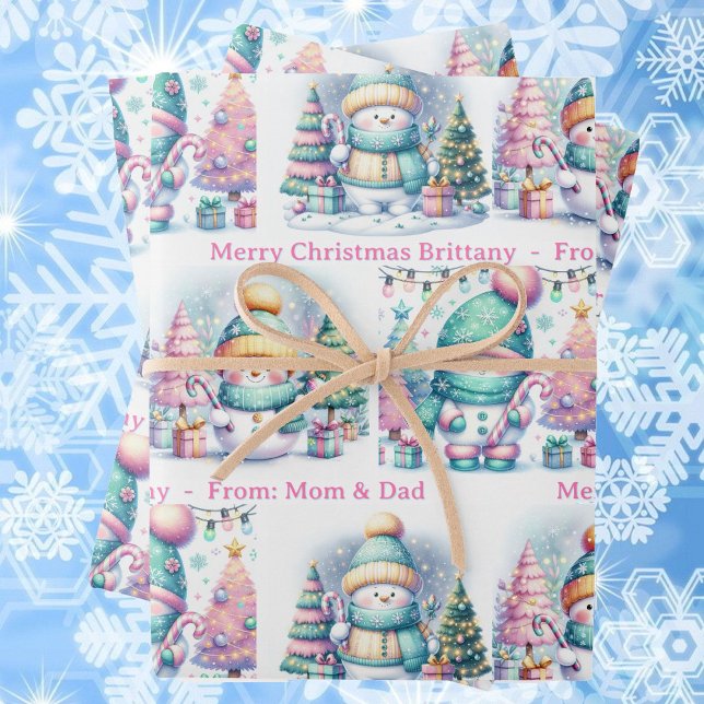 Feuille De Papier Cadeau Snowman Personnaliser Nom rose Fille Noël 3 (Créateur téléchargé)