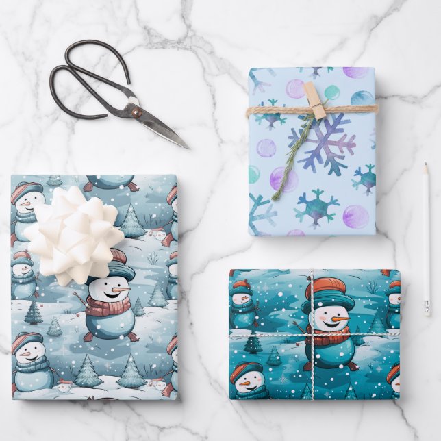 Feuille De Papier Cadeau Snowmen Joueurs Pine Trees Snowflakes Noël (Recto)