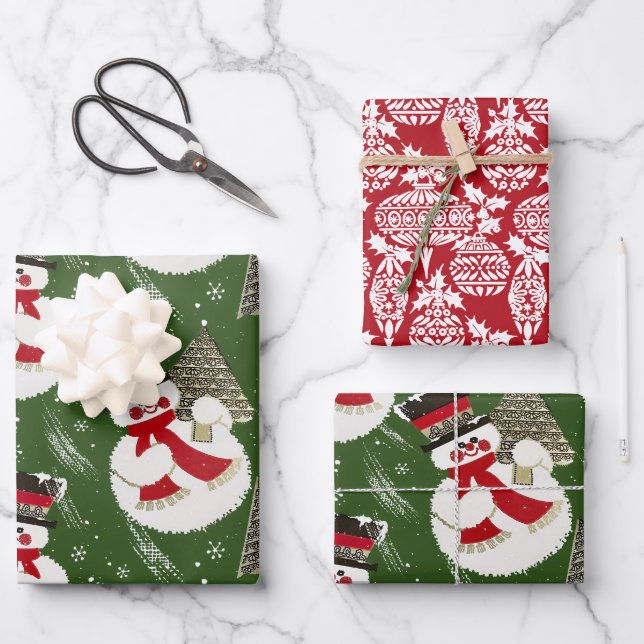 Feuille De Papier Cadeau Snowmen Vintage rétro (Recto)