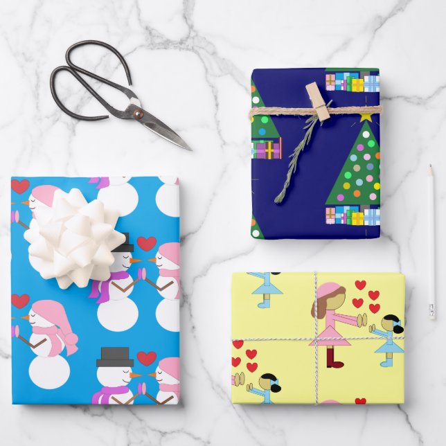 Feuille De Papier Cadeau Snowpeople, sapin de Noël, Enfants & Amour : (Recto)