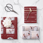 Feuille De Papier Cadeau Snowy Red et White Merriest Christmas Photo<br><div class="desc">Ces feuilles de papier d'emballage de Noël rouge et blanc festif comprennent une grille photo en arc qui rappelle les classiques boules de neige des fêtes, sur un arrière - plan d'impression à points enneigés. Le deuxième design de vacances est la typographie traditionnelle de Noël Merriest en blanc sur un...</div>