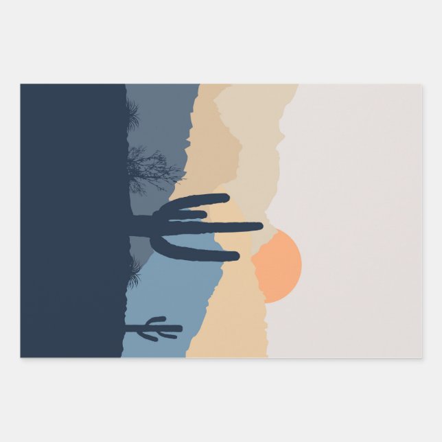 Feuille De Papier Cadeau Soleil désert bleu et beige (Devant)