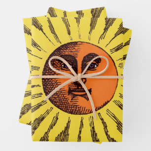 Feuille De Papier Cadeau Soleil Hippie Heureux Souriant Jaune Céleste Vinta