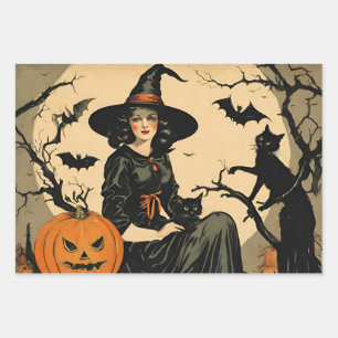Feuille De Papier Cadeau Sorcière d'Halloween vintage, Citrouille, Chat noi