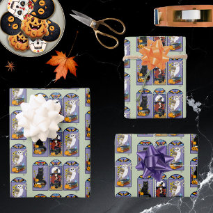 Feuille De Papier Cadeau Sorcière gothique chat noir hibou Halloween Art no