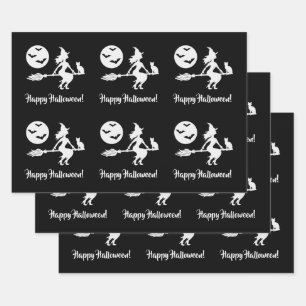 Feuille De Papier Cadeau Sorcière Sur Un Balai Noir Et Blanc Joyeux Hallowe