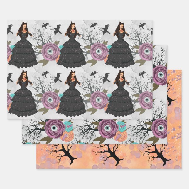 Feuille De Papier Cadeau Sorcière victorienne gothique Floral Halloween Vin (Lot)