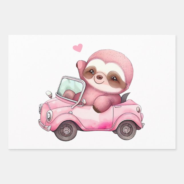 Feuille De Papier Cadeau Sourire rose Sloth conduisant une convertible (Devant)