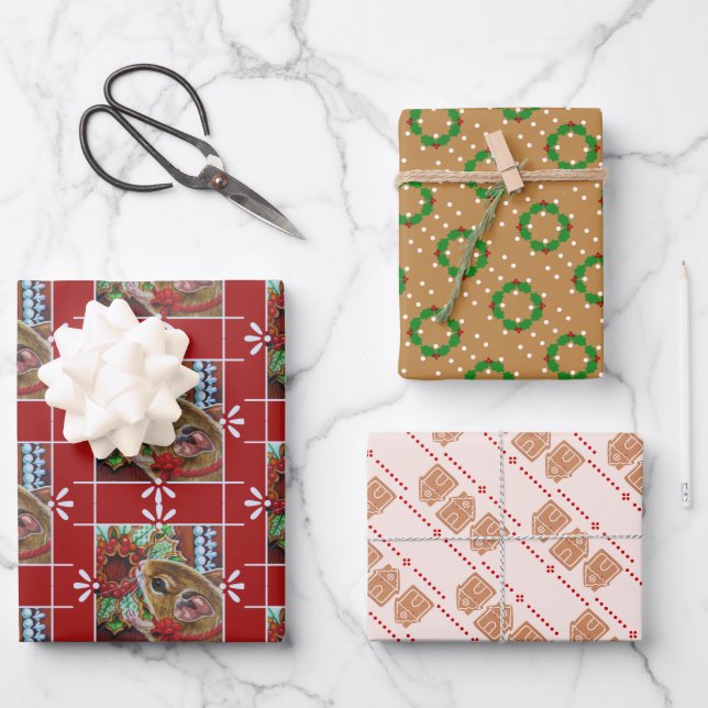 Feuille De Papier Cadeau Souris d'épices Maison Souris & Wreath Aquarelle A (Recto)