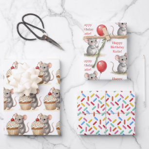 Feuille De Papier Cadeau Souris Mignonne, Cupcakes et Paillettes Anniversai