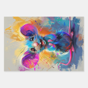 Feuille De Papier Cadeau Souris Whimsical, Oiseaux Vintages, Peinture à gou