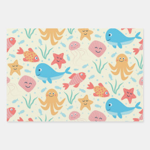 Feuille De Papier Cadeau Sous la mer Drôle coloré Créatures Motif