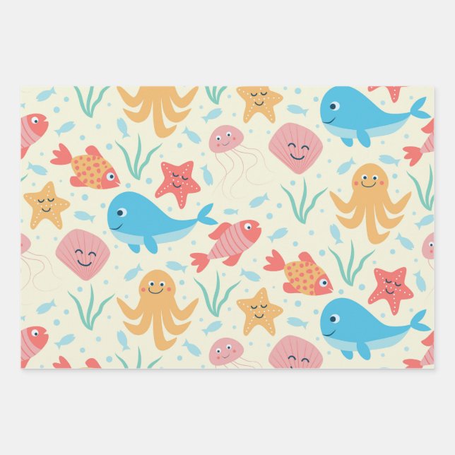 Feuille De Papier Cadeau Sous la mer Drôle coloré Créatures Motif (Devant)