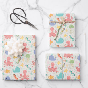 Feuille De Papier Cadeau Sous la mer Octopus Sea Horse Whale Starfish
