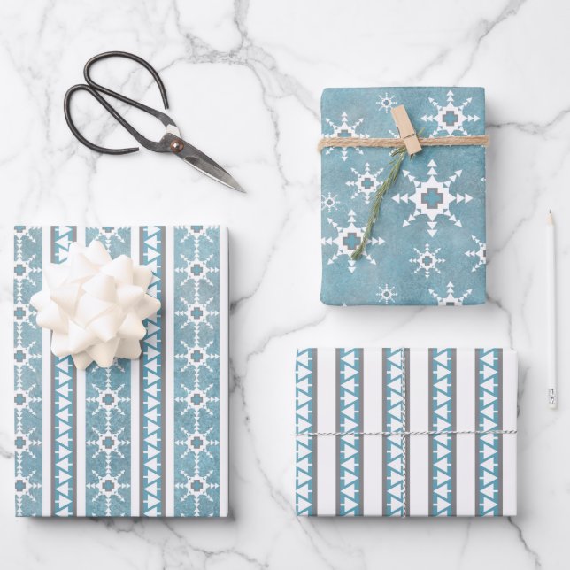 Feuille De Papier Cadeau Southwest Winter Snowflakes & Pine Trees Blue (Recto)
