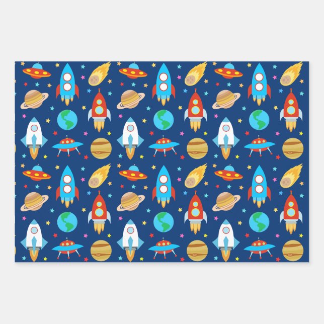 Feuille De Papier Cadeau Space Rockets Stars Comètes Planètes Bleus (Devant)