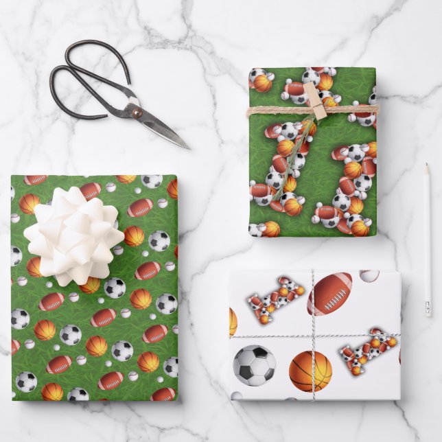 Feuille De Papier Cadeau Sport Balls 1ère fête d'anniversaire (Recto)