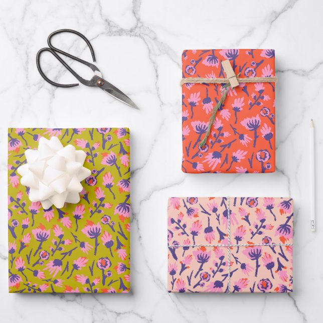 Feuille De Papier Cadeau Spring Flowers Yellow Pink purp Botanical  Floral  (Recto)