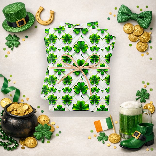 Feuille De Papier Cadeau St. Patrick's Day Green Clover Diamond Pattern (Créateur téléchargé)