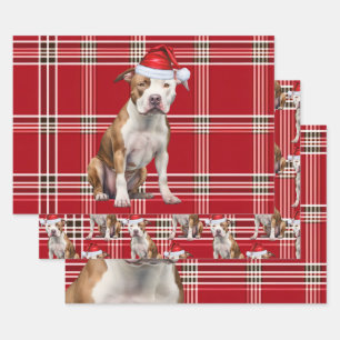 Feuille De Papier Cadeau Staffordshire Terrier Chien de Noël Rouge Plaid