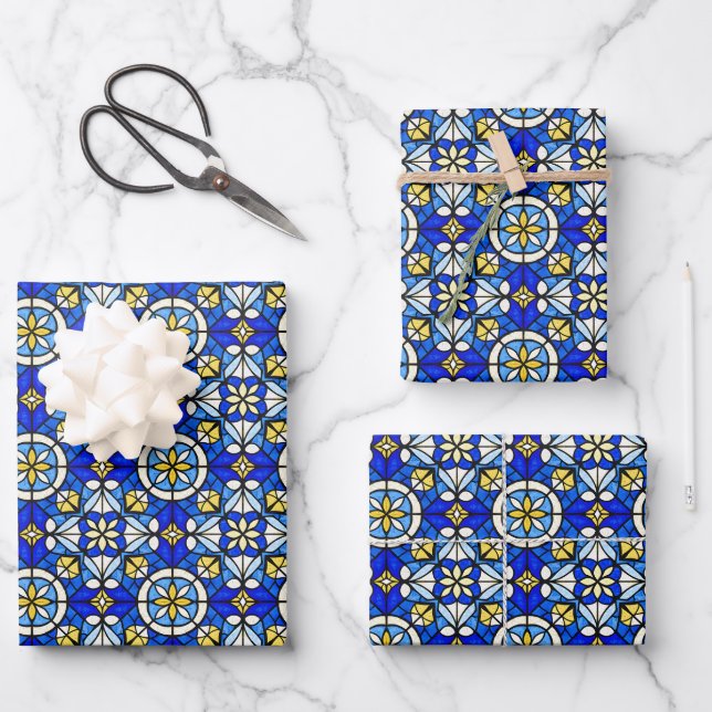 Feuille De Papier Cadeau Stained Glass Style Shades of Blue and Yellow (Recto)