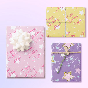 Feuille De Papier Cadeau Star Joyeux anniversaire avec les filles Nom rose