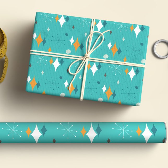 Feuille De Papier Cadeau Starburst Mid Century Motif moderne en Turquoise (Créateur téléchargé)