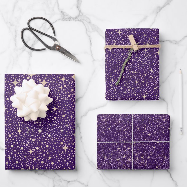 Feuille De Papier Cadeau Stars Night Sky Celestial violet et Motif or (Recto)