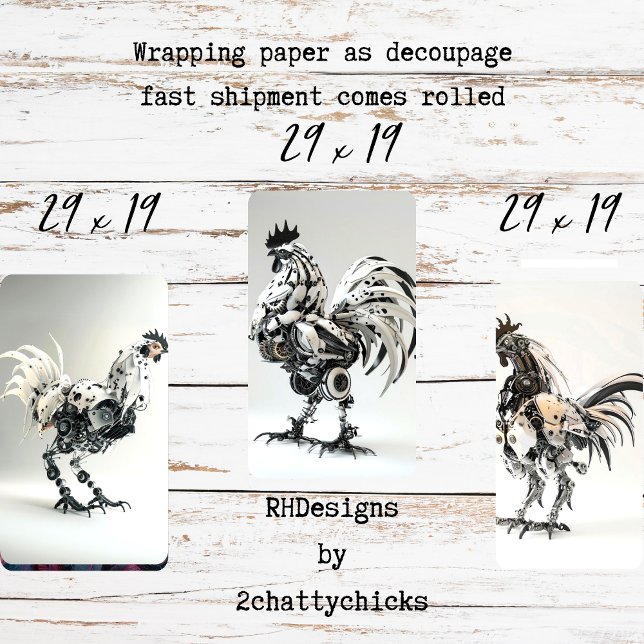 Feuille De Papier Cadeau Steampunk Black White Rosters Decoupage (Créateur téléchargé)