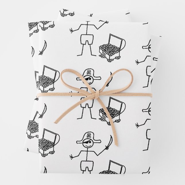 Feuille De Papier Cadeau Stickman Pirate Avec Poitrine Au Trésor (En situation)