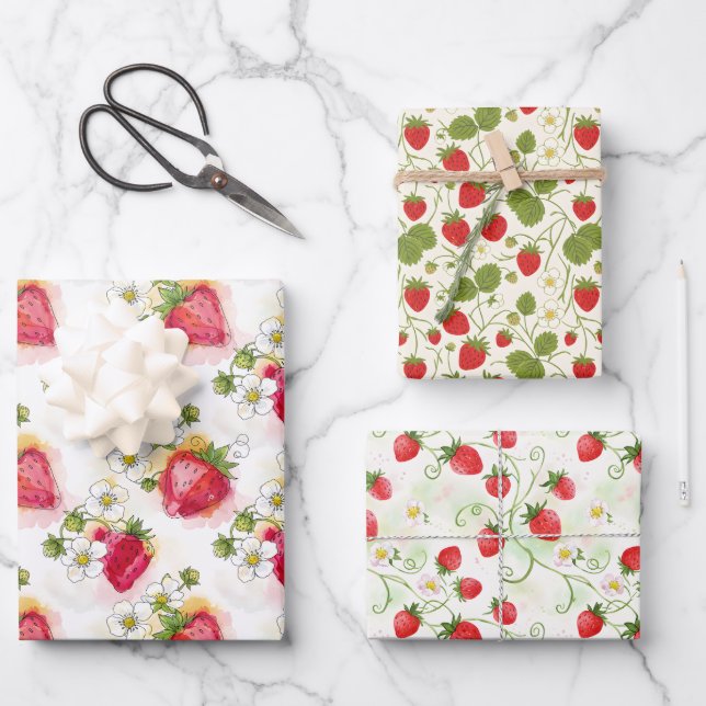 Feuille De Papier Cadeau Strawberry Blossoms and Berries Three Patterns (Recto)